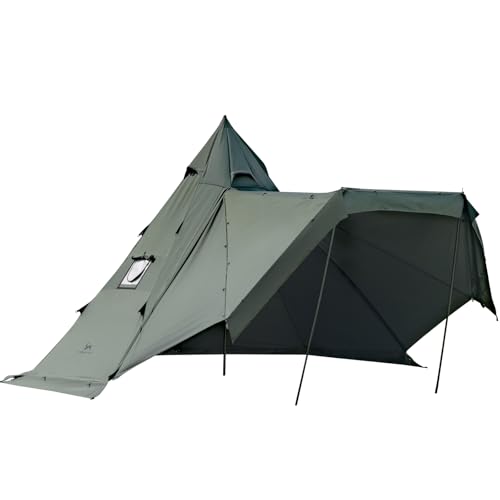 TOMOUNT ワンポールテント 2-4人用 tcテント 高さ2.8m ポリコットン ティピーテント サイドウォール付き 煙突穴付き 多機能 防撥水 通気性 難燃 焚火 4シーズン適用 (グリーン テント)